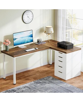 Tribesigns L-Shaped Computer Desk with 5 Drawers, 55 Inches Corner Desk Office Desk, Modern L-Shaped Pc Laptop Study Writing Table Workstation for Hom