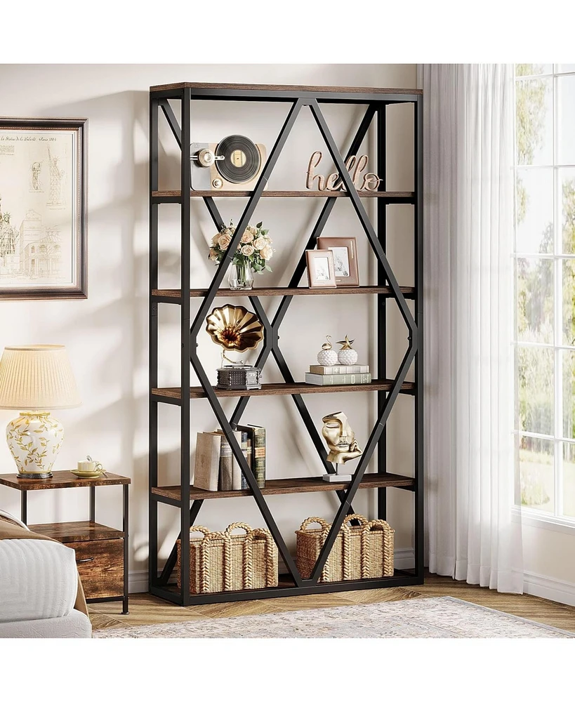 Tribesigns 71-inch Tall Bookshelf, 6 Tier Industrial Large Bookcase, Freestanding Open Book Shelf Display Shelf with Metal Frame, Wood Bookshelves Sto