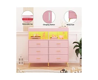 gaomon Dresser for Bedroom with 6 Drawers, Baby Changing Table Dresser with Changing Pad, Led Lights & Charging Station