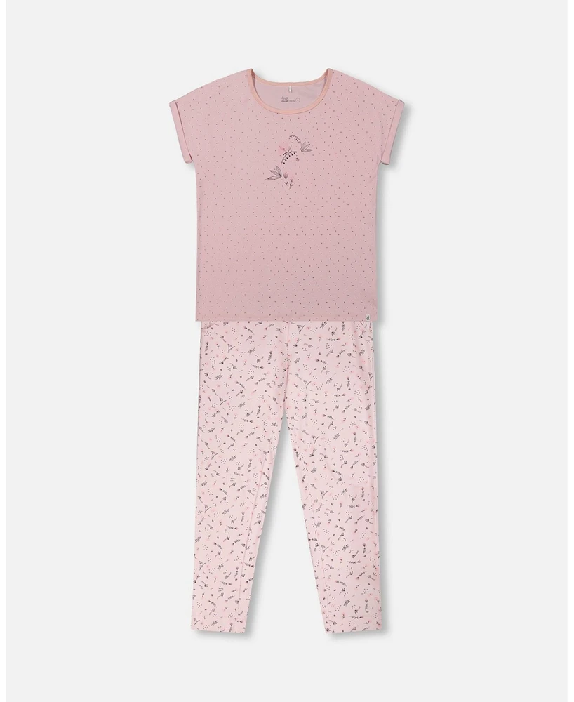 Deux par Women's Printed Organic Cotton Two-Piece Pajama Set Small Pink Flowers On Pale Background - Adult