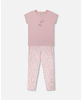 Deux par Women's Printed Organic Cotton Two-Piece Pajama Set Small Pink Flowers On Pale Background - Adult