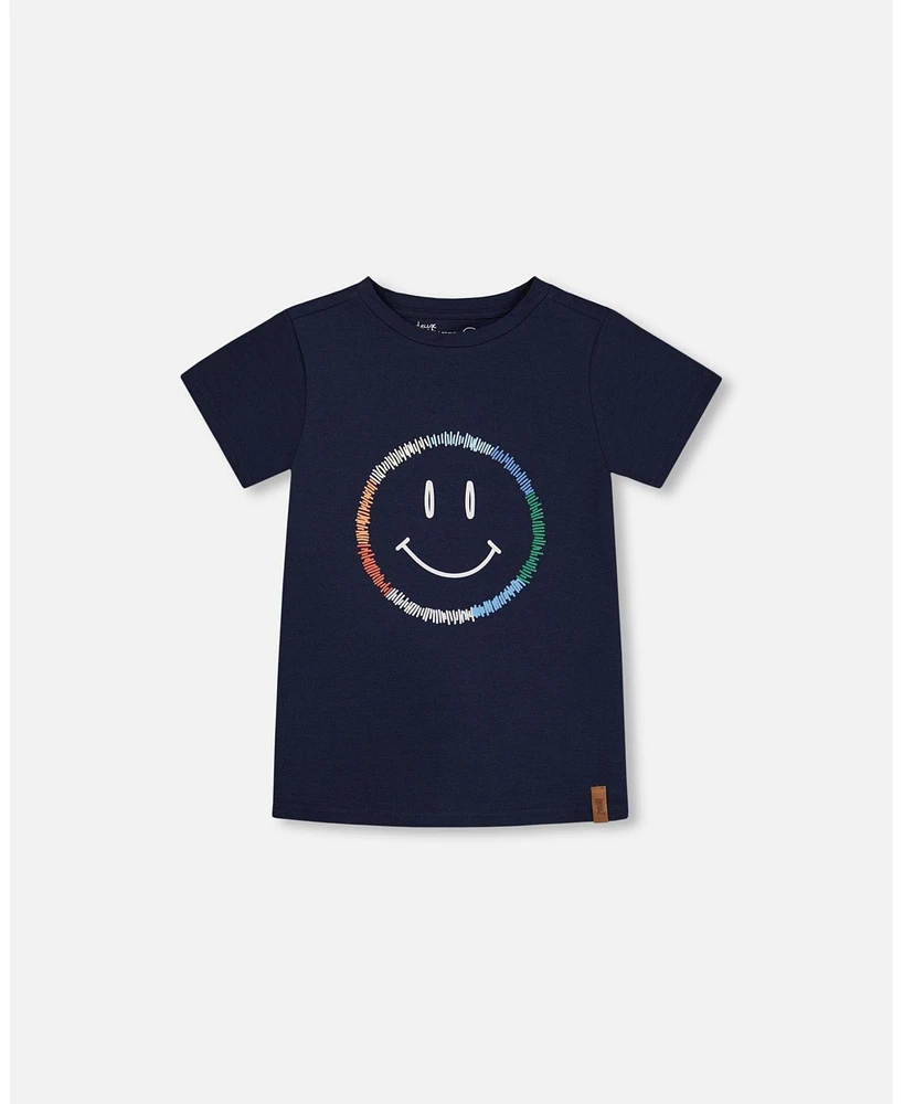 Deux par Toddler Boys Cotton Graphic Tee Smiling Navy Blue - Toddler|Child