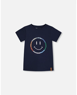 Deux par Toddler Boys Cotton Graphic Tee Smiling Navy Blue - Toddler|Child