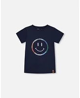 Deux par Toddler Boys Cotton Graphic Tee Smiling Navy Blue - Toddler|Child