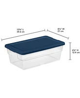 Sterilite Stackable 6 Qt Storage Box Container, Clear, Marine Blue Lid, 5 Pack