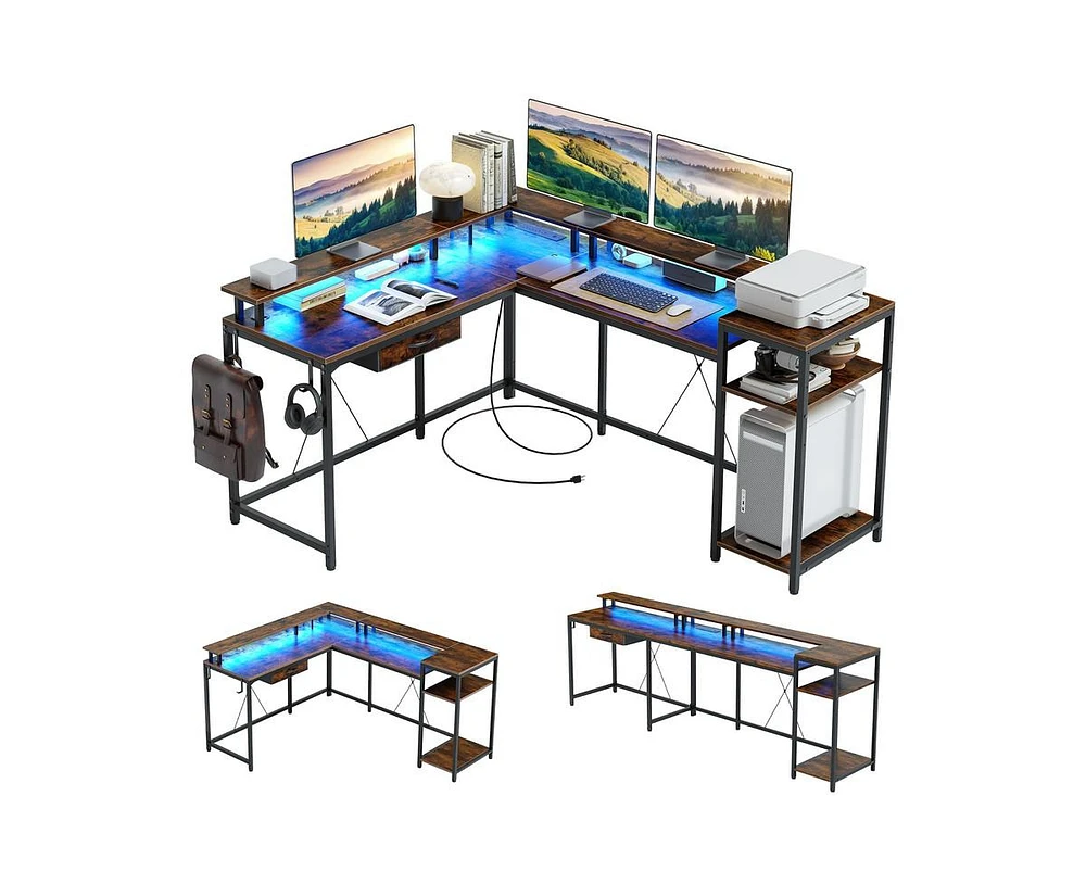 gaomon L Shaped Desk with Drawers and Led Lights, 55 Inch Computer Desk with Shelves & Monitor Stand