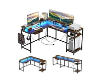 gaomon L Shaped Desk with Drawers and Led Lights, 55 Inch Computer Desk with Shelves & Monitor Stand