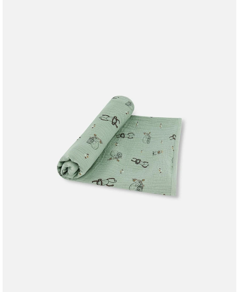 Deux par Deux Baby Boy Printed Muslin Blanket Sage Monkey - Infant|Toddler