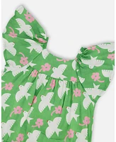 Deux par Toddler Girls Printed Dress With Flounce Sleeves Green White And Pink Bird - Toddler|Child