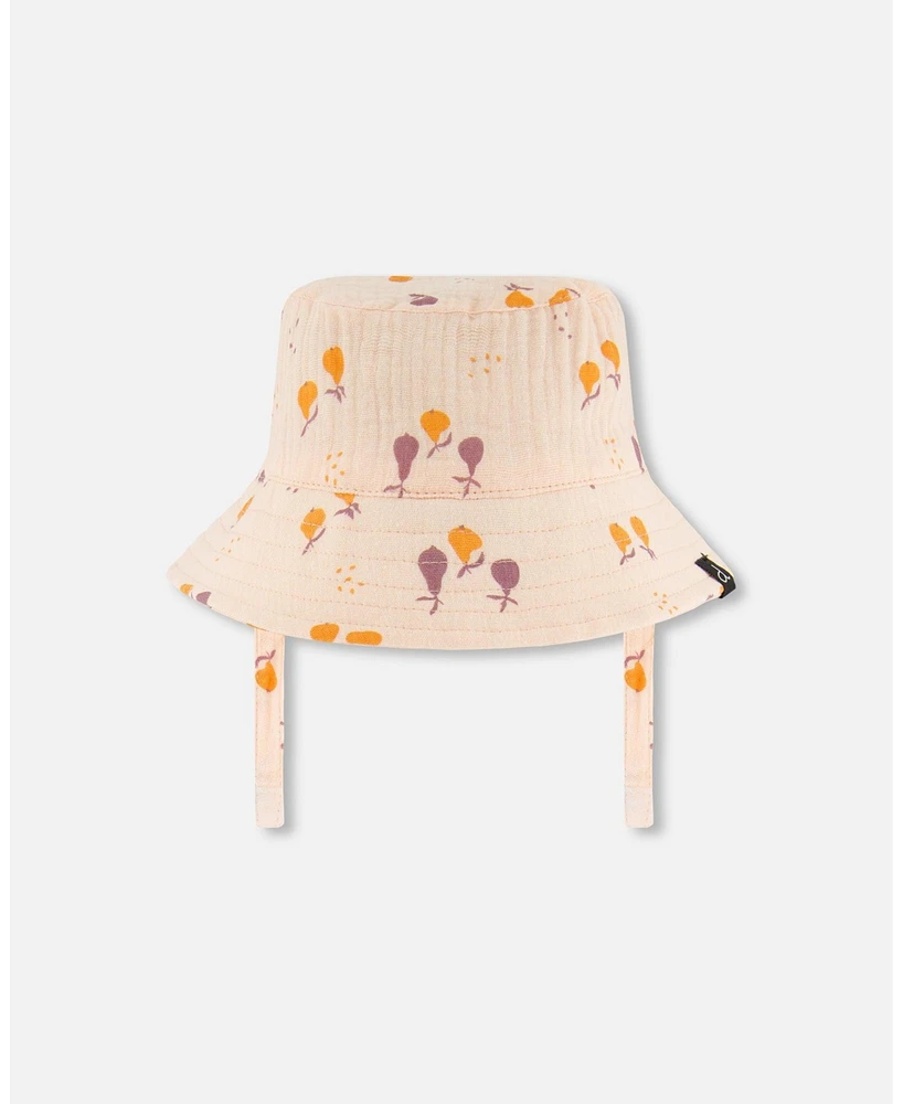 Deux par Baby Girls Printed Muslin Bucket Hat Peach With Pears