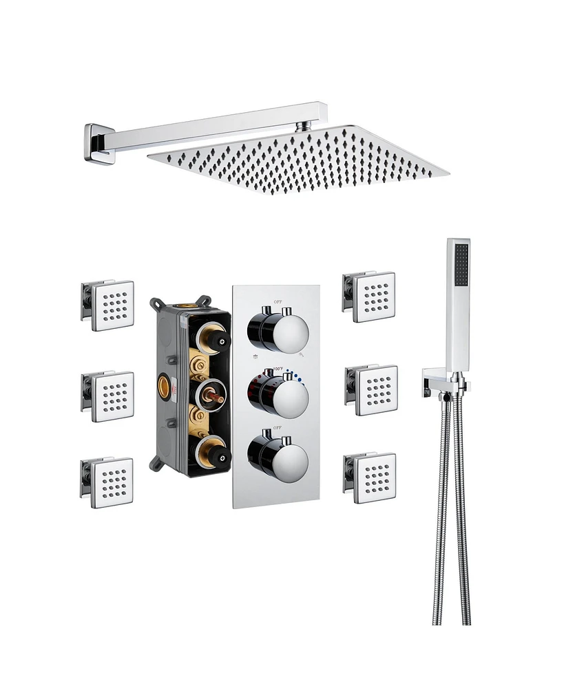 Boyel Living Chrome Wall Mount Thermostatic Rain Shower System with Handheld and Body Jets Bathroom Faucet Set