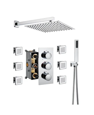 Boyel Living Chrome Wall Mount Thermostatic Rain Shower System with Handheld and Body Jets Bathroom Faucet Set