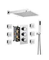 Chrome Wall Mount Thermostatic Rain Shower System with Handheld and Body Jets Bathroom Faucet Set