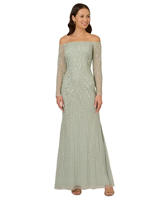 Adrianna Papell Sequin Off-The-Shoulder Gown