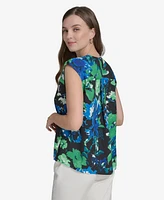 Halston Women's Split-Neck Printed Cap-Sleeve Top