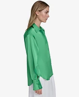 Halston Women's Satin Button-Front Open-Sleeve Blouse