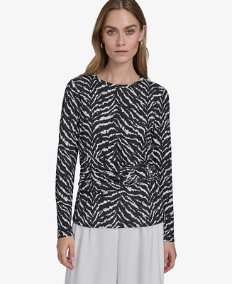 Halston Women's Printed Sash-Waist Long-Sleeve Tunic