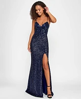 City Studios Juniors' Sequin Side-Slit Lace-Up Gown