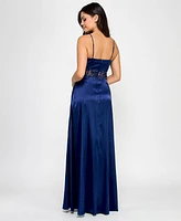 City Studios Juniors' Satin Floral-Inset Side-Slit Gown, Created for Macy's