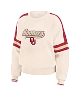 Wear by Erin Andrews Women's Cream Oklahoma Sooners Chenille Woven Patch Stripe Pullover Sweater