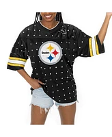 Gameday Couture Women's Black Pittsburgh Steelers Kickoff Time Allover Rhinestone Sports Stripe Jersey V-Neck T-Shirt