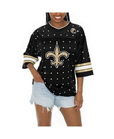 Gameday Couture Women's Black New Orleans Saints Kickoff Time Allover Rhinestone Sports Stripe Jersey V-Neck T-Shirt