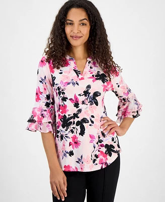 Kasper Women's Floral Print Split-Neck Bell-Sleeve Blouse, Regular and Petite Sizes