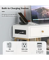 Gouun Triangle Corner Desk with Charging Station with 2 Drawers and Storage Shelf