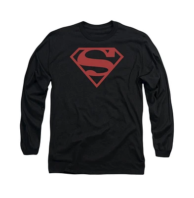 Superman Men's Red On Black Shield Long Sleeve Adult Tee / T-Shirt