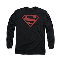 Superman Men's Red On Black Shield Long Sleeve Adult Tee / T-Shirt