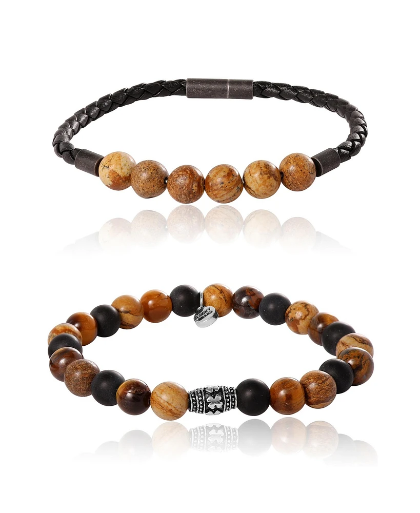 Lucky Brand Tiger s Eye, Black Onyx, Picture Jasper Stretch Bead & Magnetic Cord Bracelet Set - 2 Piece