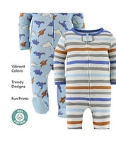 The Peanutshell Baby Boys 3pk Cotton Sleeper Set Boy, Cobalt Dino