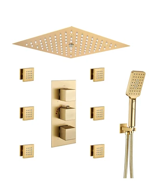 4 Function Led Luxury Shower System with Side Body Jets Thermostatic Faucet Handheld Head, Brushed Gold