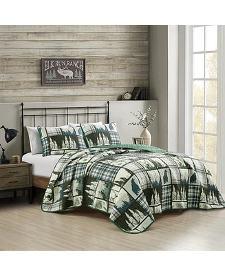 MarCielo 3 Pcs Cabin Lodge Rustic Country Bear Quilt Bedspread Set Queen