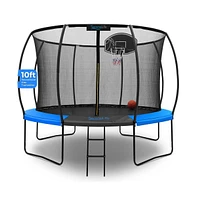 SereneLife 10ft Pumpkin Trampoline with Inner Enclosure, Ladder, and Basketball Hoop for Kids (Blue)