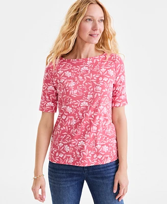 Style & Co Women's Printed Boat-Neck Elbow-Sleeve Top, Exclusively at Macy's