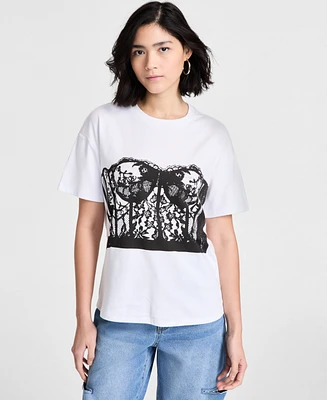 Bar Iii Women's Graphic Corset Crewneck Tee, Exclusively at Macy's