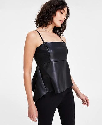 Bar Iii Women's Faux-Leather Sleeveless Peplum Top, Exclusively at Macy's