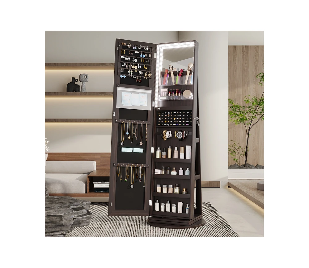 Vlsrka A 360° swivel standing jewelry mirror cabinet with storage shelves, full-length mirror, and Led lights.