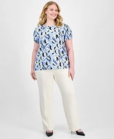 Ak Anne Klein Plus Size Printed Round-Neck Tulip-Sleeve Top