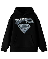 Superman Boys Man Of Steel Chrome Logo Long Sleeve Youth Black Hooded Sweatshirt-Large