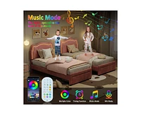 gaomon Twin Upholstered Smart Led Bed Frame with Adjustable Bear Headboard, Storage Drawer, Velvet Princess Platform Bed Frame for Kids/Girls