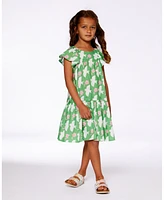 Deux par Big Girls Printed Dress With Flounce Sleeves Green White And Pink Bird