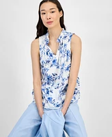 Anne Klein Women's Printed Ruffle-Neck Sleeveless Blouse