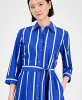 Anne Klein Women's Striped 3/4-Sleeve Midi Shirtdress