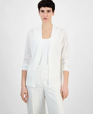 Anne Klein Petite Sheer Striped Open-Front Cardigan Sweater