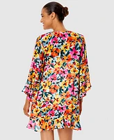 Anne Cole Women's Floral-Print Flounce V-Neck Tunic Swim Cover-Up