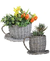 Sunnydaze Decor Willow Wicker Coffee Cup Basket Planters - For Indoor Use Only - Set of 2 - Gray - Unique Teacup Shape