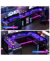 gaomon U Shaped Desk, 126 Inch Gaming Desk with Monitor Stand and Led Lights