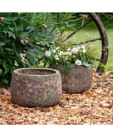10" Round Lava Finish Ceramic Plant Pot Set - Features 1 Drainage Hole - 1.3 Gal Soil Capacity - Green Distressed Ceramic - Set of 2